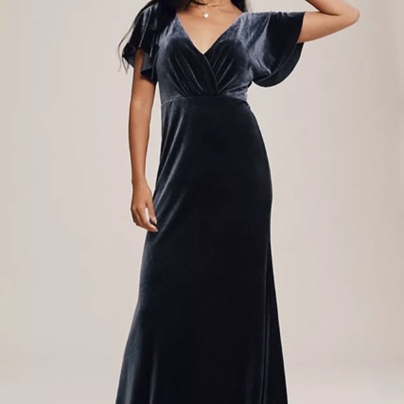 BHLDN Dresses & Skirts - Jenny Yoo Ellis Flutter-Sleeve Open-Back Stretch Velvet Gown Size 8 French blue